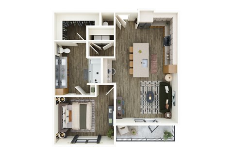 A floor plan of a small apartment with a kitchen, living room, and bathroom.